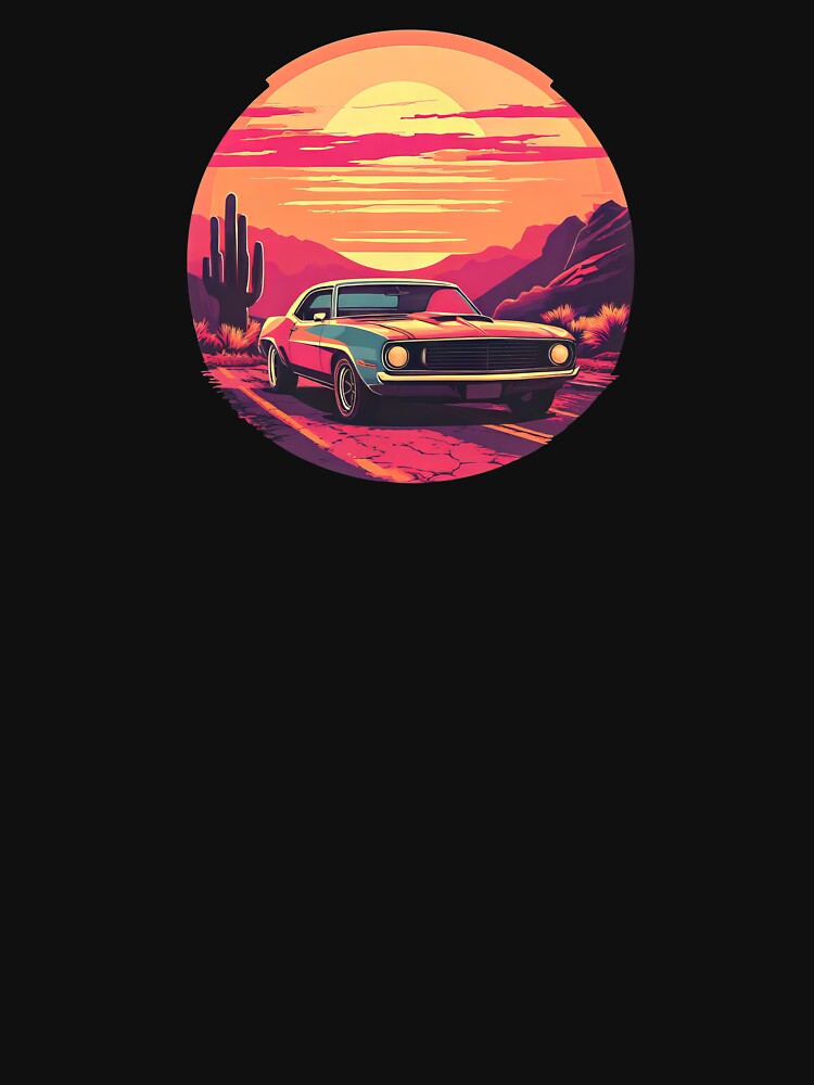 Vintage Muscle Car in Desert Sunset – Retro Road Trip Vibes by EmiBarDesign