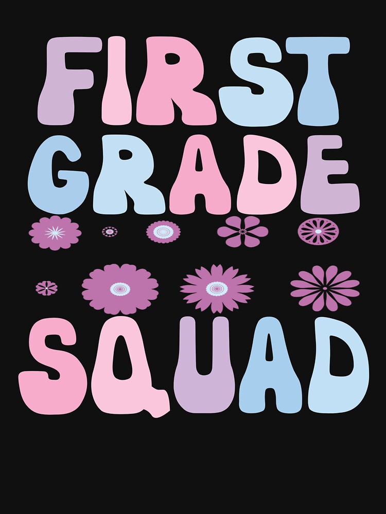 First Grade Squad Retro Purple Flowers Funny First Grade by SharpThreadZ