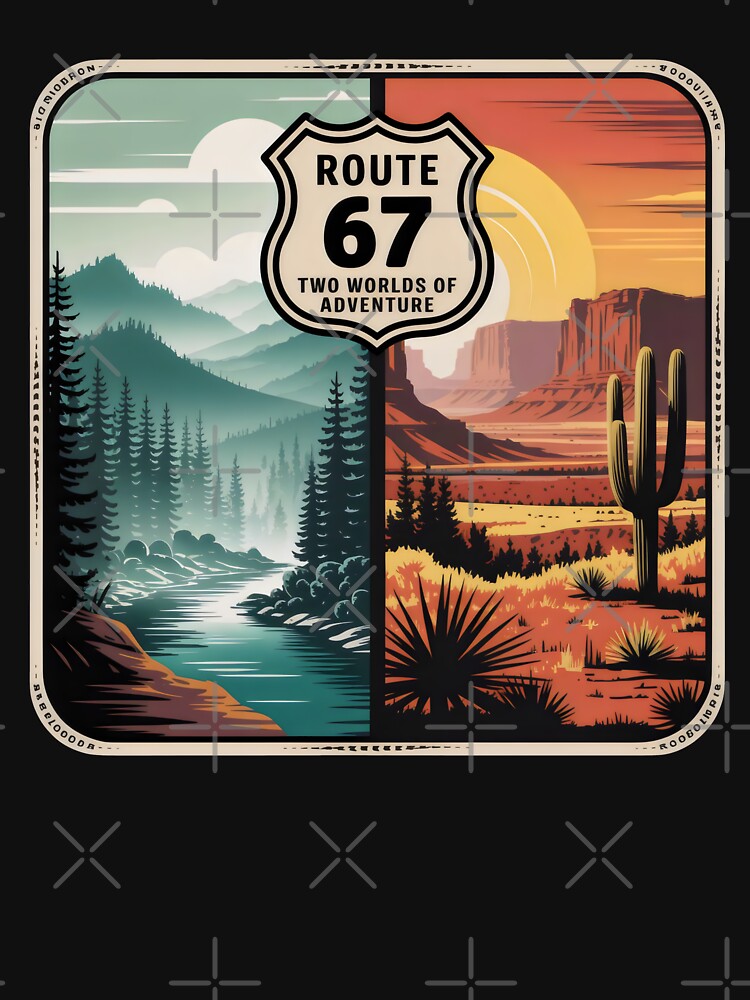 Route 67 Two Worlds of Adventure Split Landscape Badge Design by SplashTastic