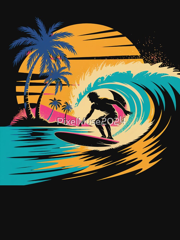 Tropical Surf Wave Art – Vibrant 80s Sunset Beach Surfer Graphic by PixelMuse2024
