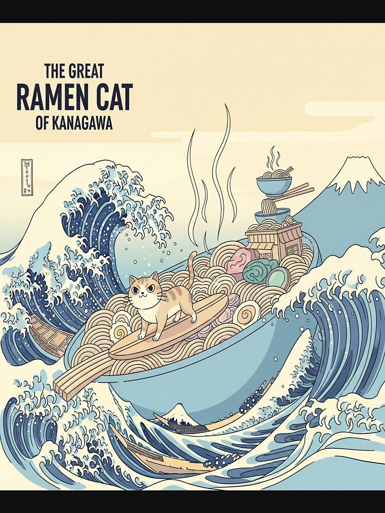 Great Ramen Cat of Kanagawa Japanese Wave Neko Ramen Design by Neko-Doodle-co