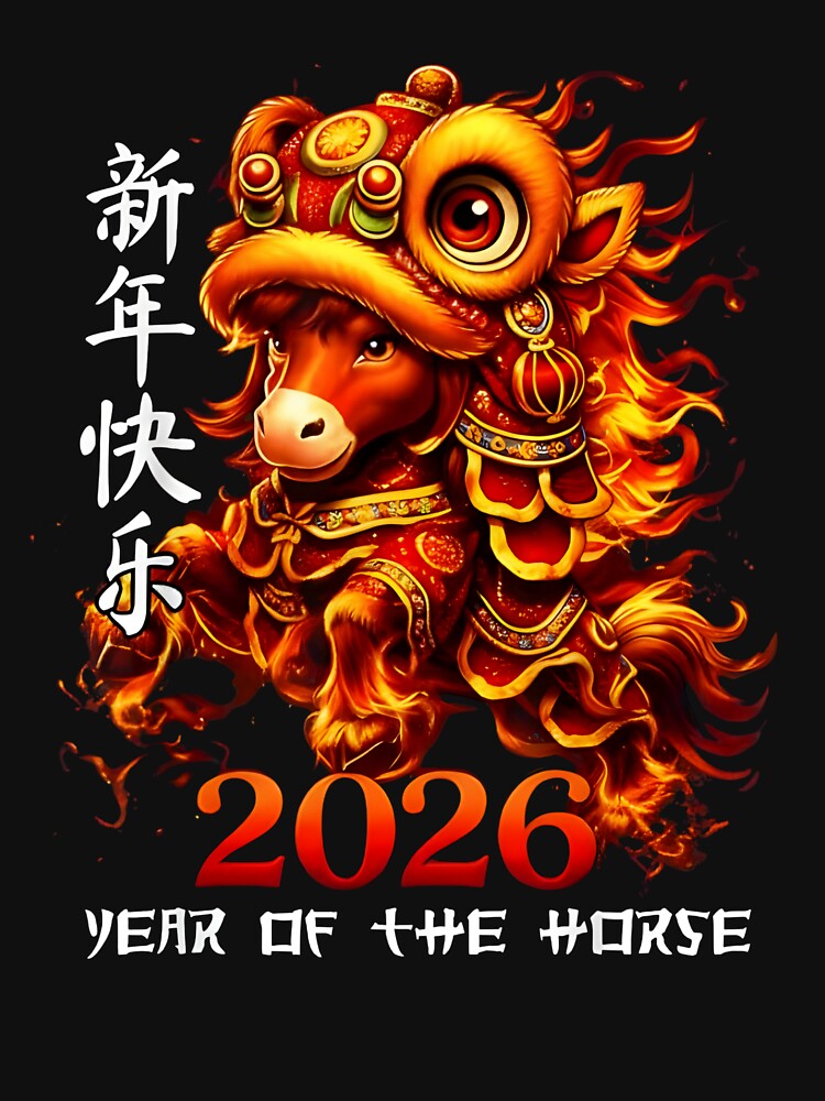 2026 Year of the Horse Chinese New Year Design Lunar New Year Zodiac Horse Illustration Fire Lion Dance Art by JoyBoyStudio1