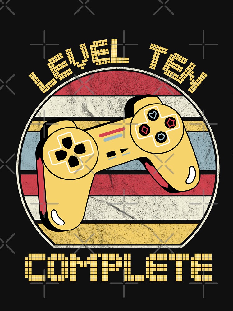 level ten complete, video gamers ,10th anniversary, 10th birthday,funny gaming pun,celebration, vintage,70's palette, retro controller, by allycat57