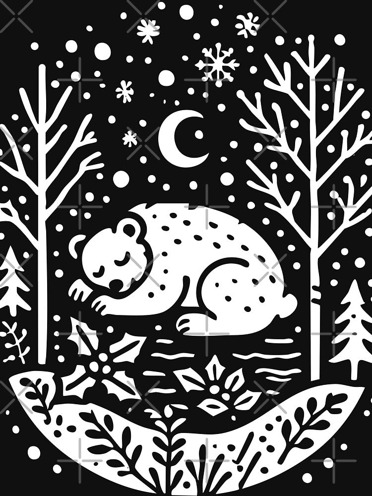 Moonlit Hibernation Bear – Nordic Winter Folk Art Linocut by Victor Shadehorn