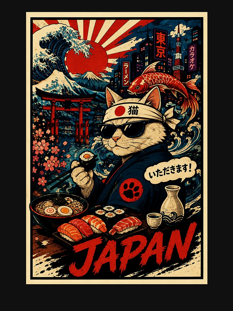 Retro Japan Cat Sushi Poster with Ukiyo Inspired Street by eliramaison