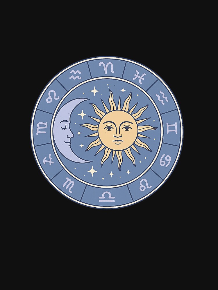 Astrological Zodiac Wheel with Sun, Moon & Stars – Celestial Astrology Design by DJCApparel
