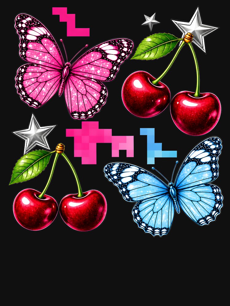 Y2K Cybercore Aesthetic Glitter Butterfly And Cherry Retro Graphic by AnnDesignStudio