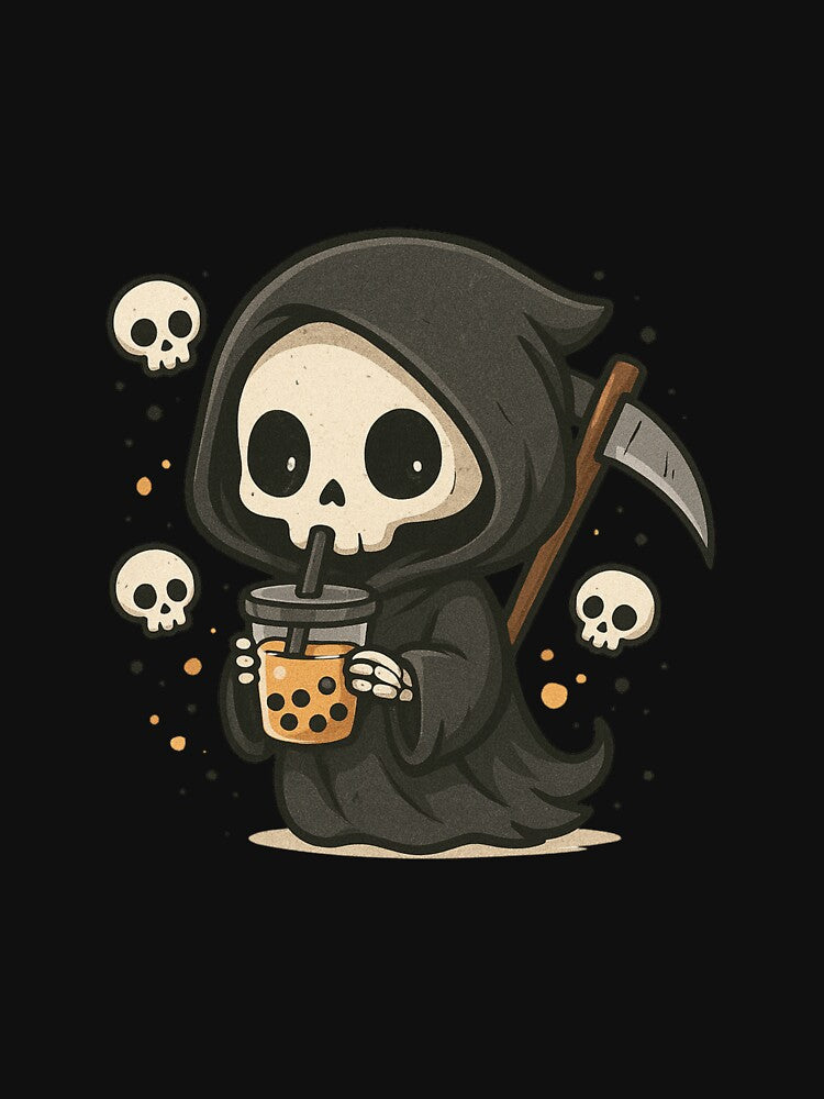 Chibi Grim Reaper Drinking Boba Tea with Tiny Skulls – Cute Spooky Art by ColorSplash123