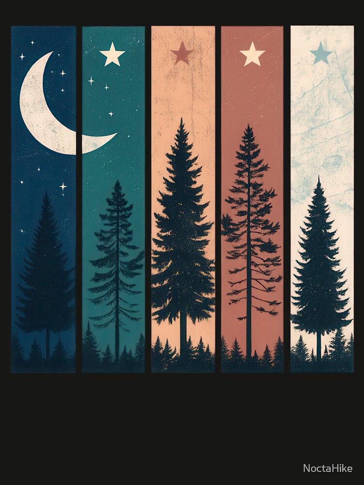Celestial Forest Silhouettes – Moon, Stars & Trees | Retro Minimalist Wilderness Design by NoctaHike