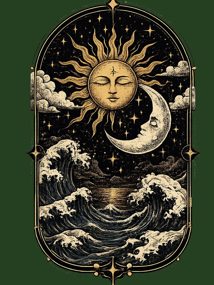 Celestial Sun and Moon Ocean Waves Vintage Tattoo Design by AndrewYoko