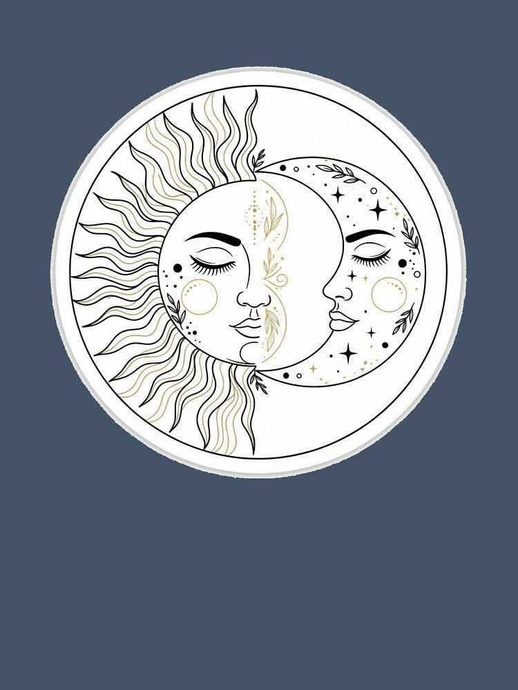 Boho Sun & Moon Line Art Sticker – Minimalist Black and Gold Design by 001Haiba