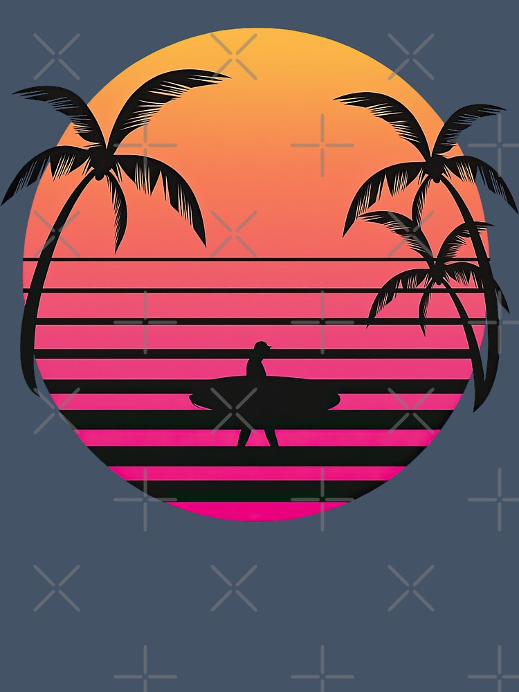 Retro Sunset with Palm Trees and Surfer Silhouette by ArtfulWeave