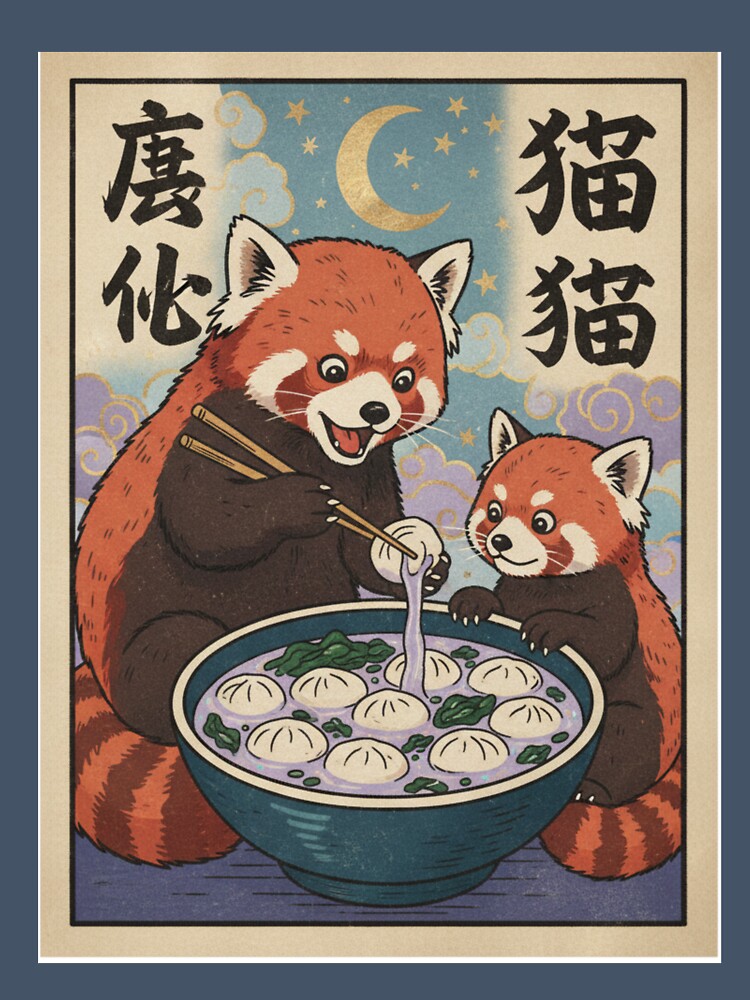 Cute Red Panda Ramen Night – Japanese Vintage Style Illustration by YYoYY