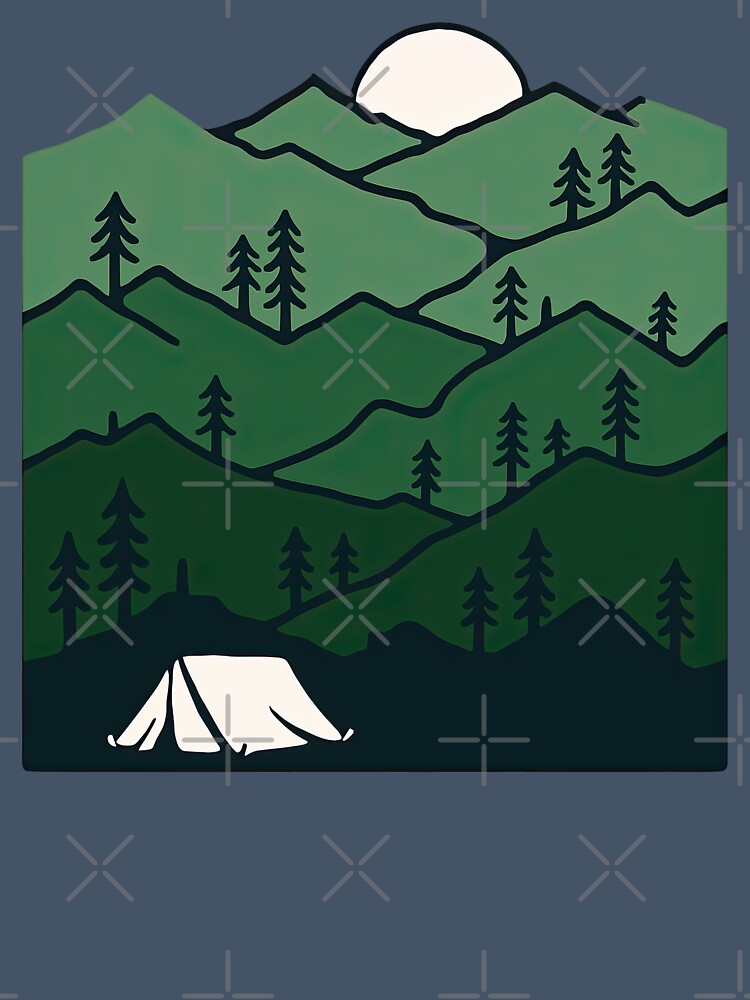 Layered Green Mountains and Tent in Forest Moonlight by ArtfulWeave