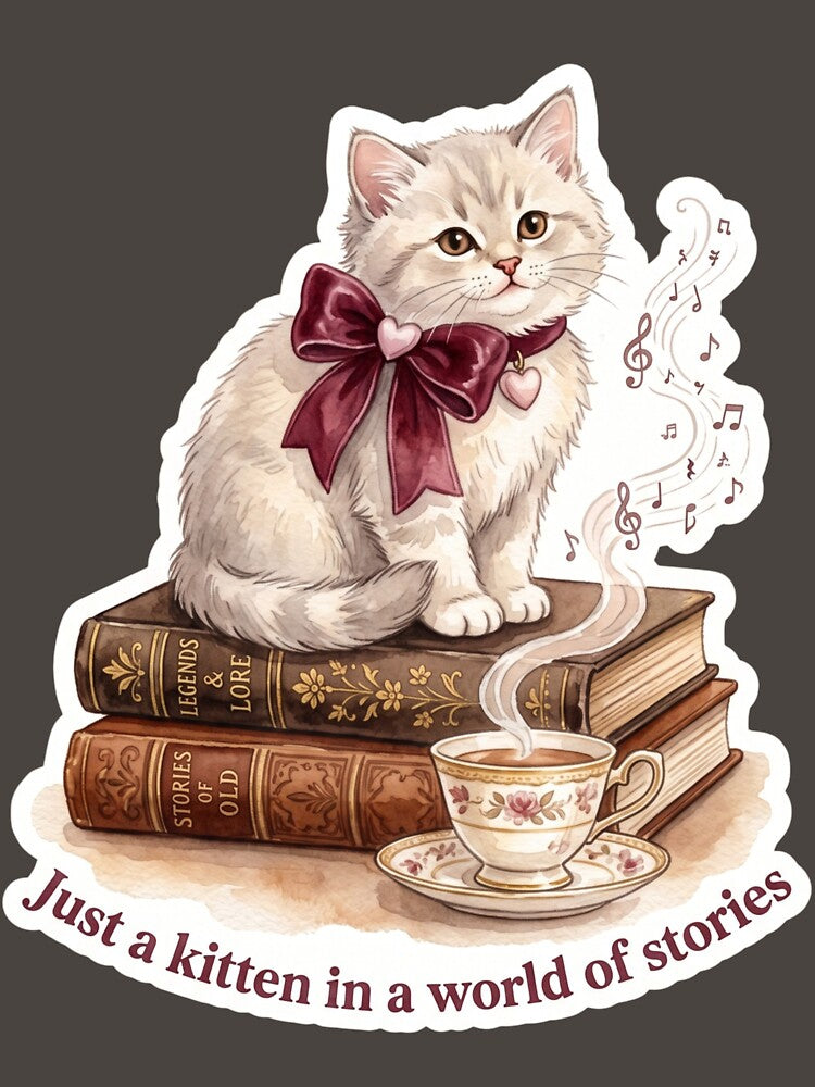 Vintage Kitten wearing bows In A World Of Stories Literary Cat by Rahaf-shop9