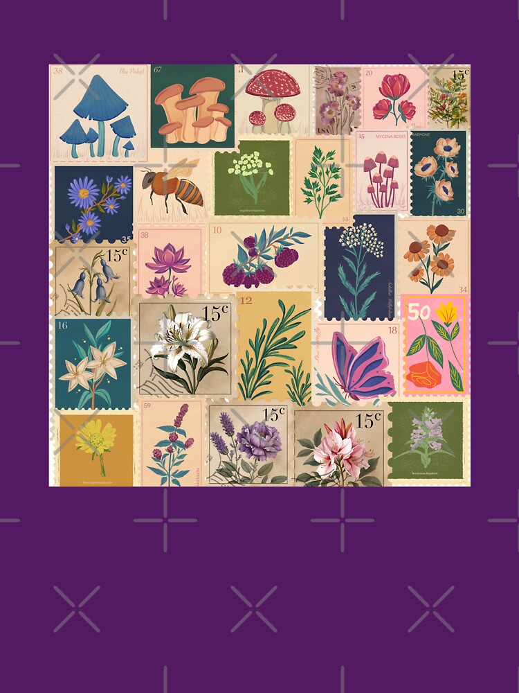 Vintage Botanical Stamp Collage Pattern | Cottagecore Flowers, Mushrooms & Butterfly Nature Aesthetic by swdesigns714