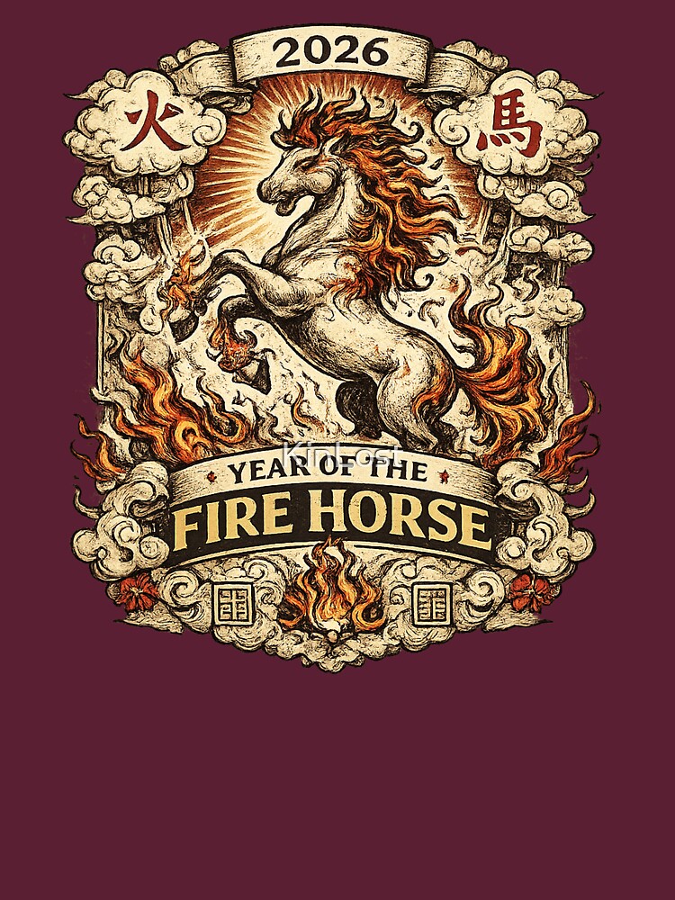 Fire Horse 2026 Chinese Zodiac Vintage Tattoo Art by KinLost