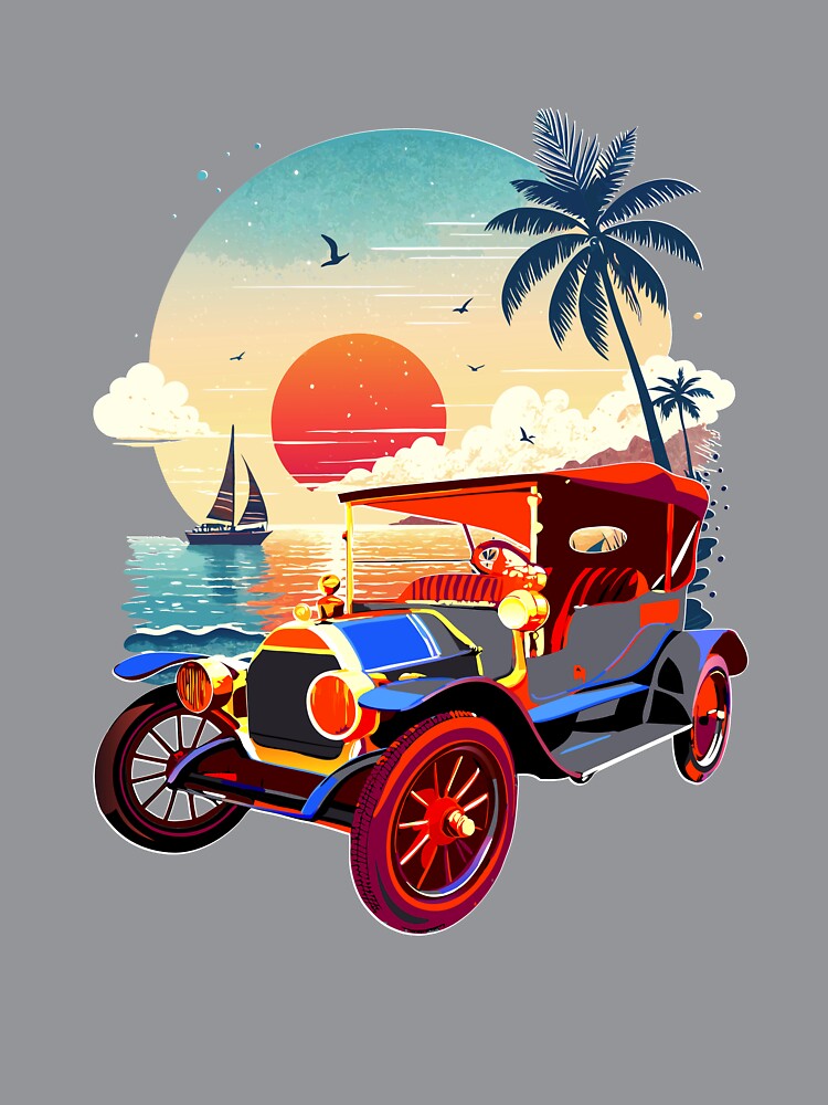 Vintage Car at Sunset on a Palm-Lined Beach by VikArtStudio