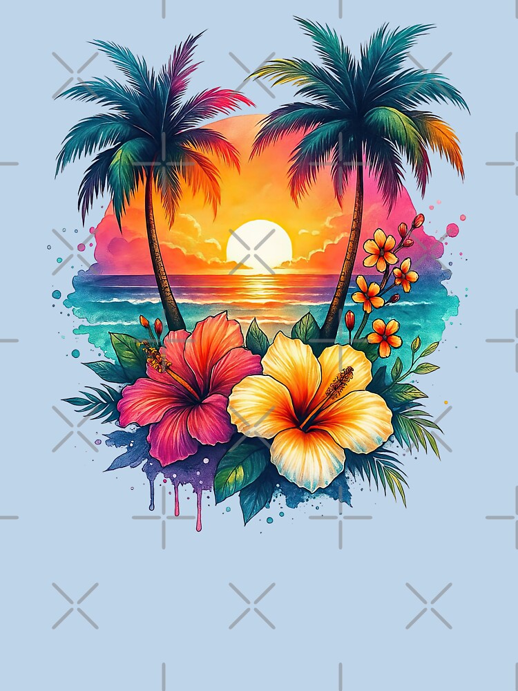 Tropical Sunset Beach Scene with Palm Trees and Flowers by ArtfulWeave