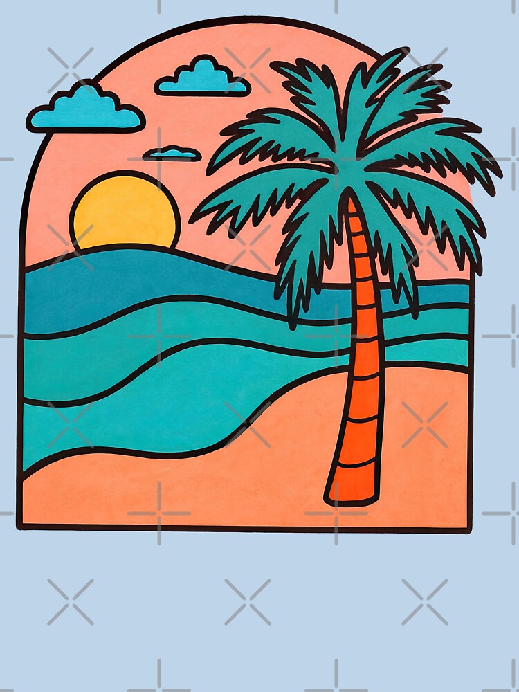 Bold Retro Palm Tree Beach Sunset Illustration by ArtfulWeave