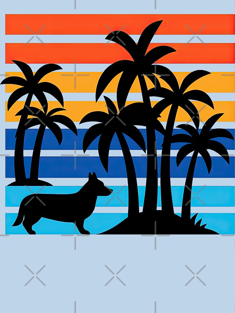 Corgi Dog and Palm Trees Silhouette with Retro Sunset Stripes by ArtfulWeave