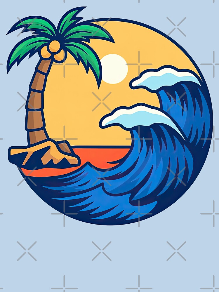 Tropical Wave and Palm Tree Sunset Design by ArtfulWeave