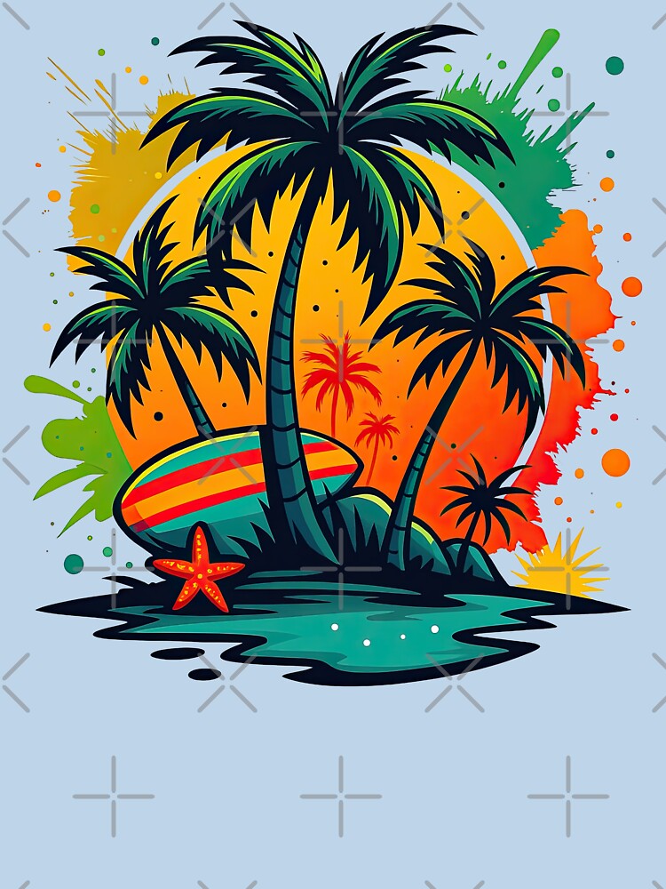 Tropical Sunset Island with Surfboard and Starfish by ArtfulWeave