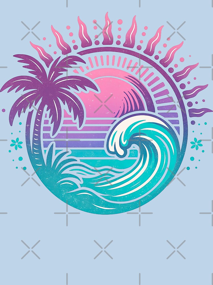 Retro Sunset Wave and Palm Tree Beach Scene by ArtfulWeave
