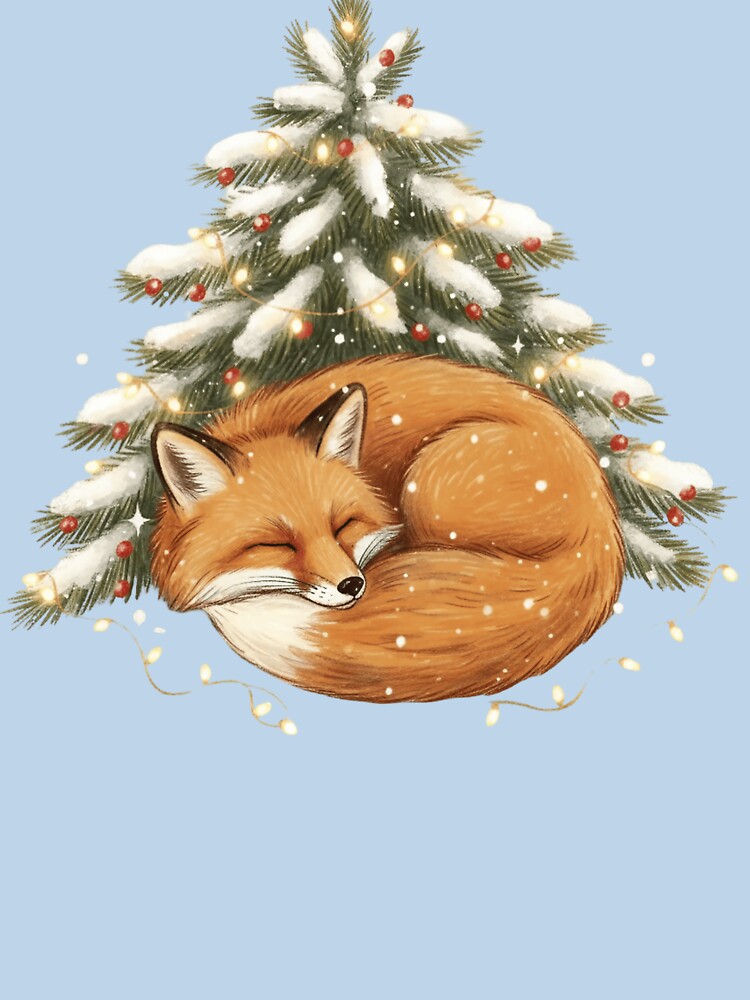 Sleeping Fox Christmas T-Shirt, Hand-Drawn Winter Illustration, Fox Under Pine Tree with Fairy Lights by ZyxDes