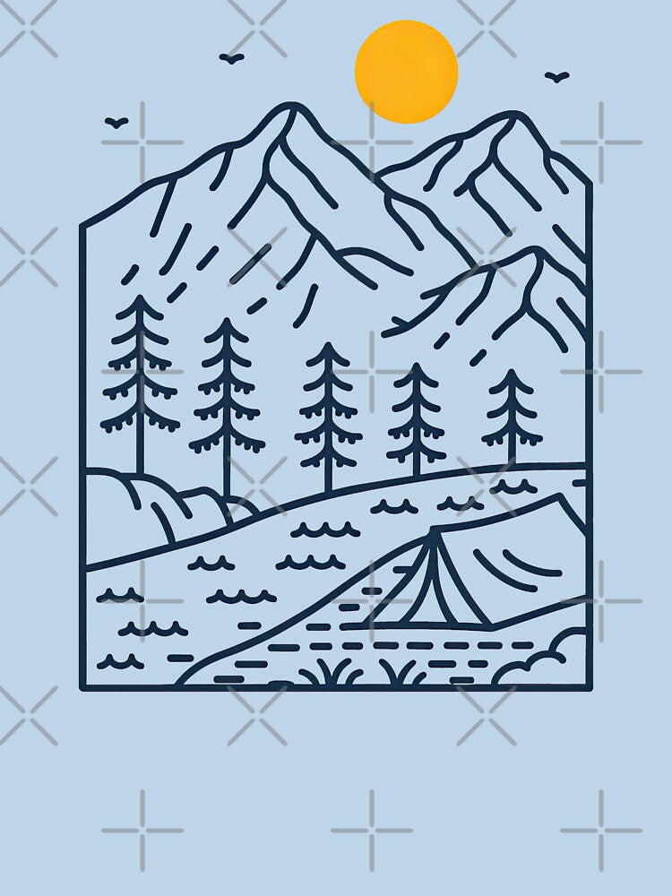 Dark Line Art Mountain Camping Night Scene by ArtfulWeave