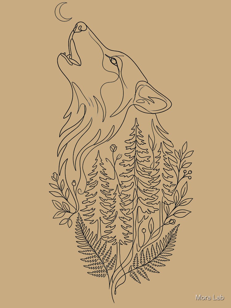 Minimalist Howling Wolf - Fine Line Forest Tattoo Art by Mora Lab