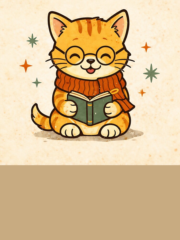 Vintage Cute Reading Cat Illustration | Nerdy Book Lover Kitten with Glasses Retro Cartoon Design by Furfolkz