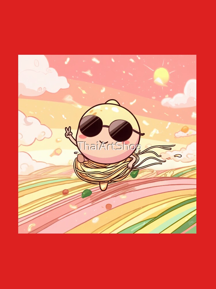 Happy Dumpling Flying Over Rainbow Noodles | Peace & Pride Kawaii Art by ThaiArtShop