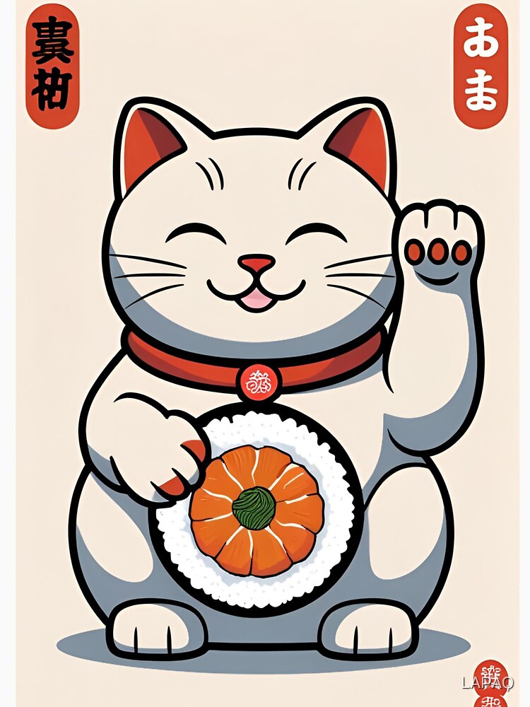 Lucky Sushi Cat – Japanese Maneki Neko with Salmon Roll by LAPAQ