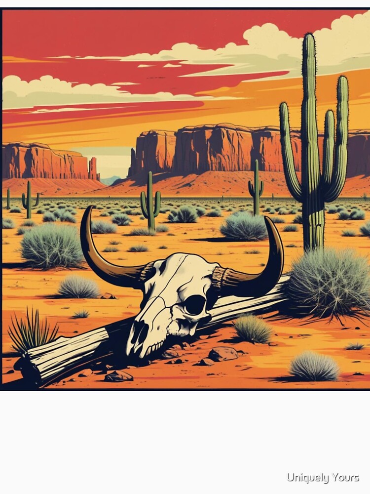 Western Desert Skull Art with Cactus and Red Rock Cliffs by Uniquely Yours