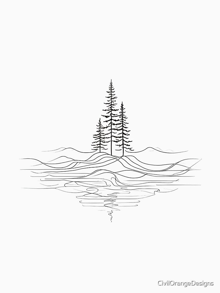 Mountain Pines with Lake Reflection Line Art by CivilOrangeDesigns
