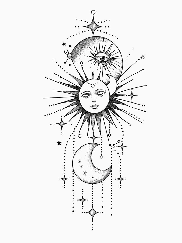 Celestial Fine Line Tattoo Design – Sun, Moon & Stars by Little KAIJU