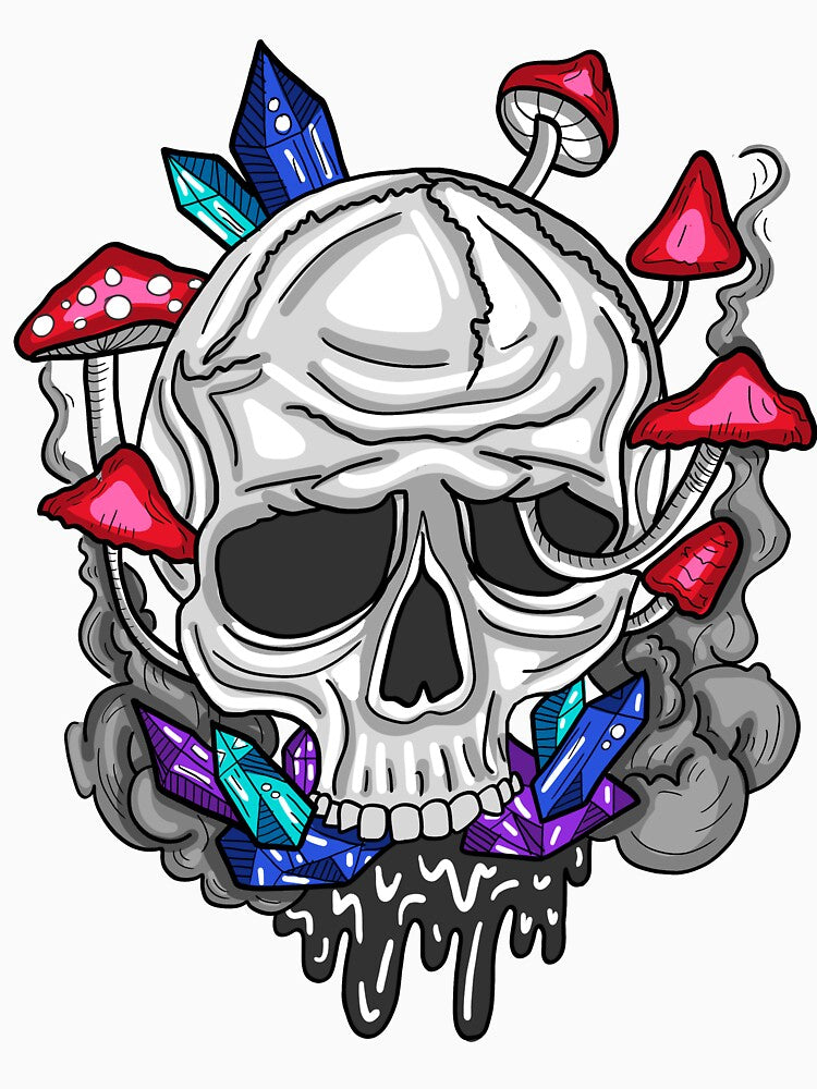 Psychedelic Mushroom Skull Sticker – Crystal Growth Fantasy Art by Kathmeme