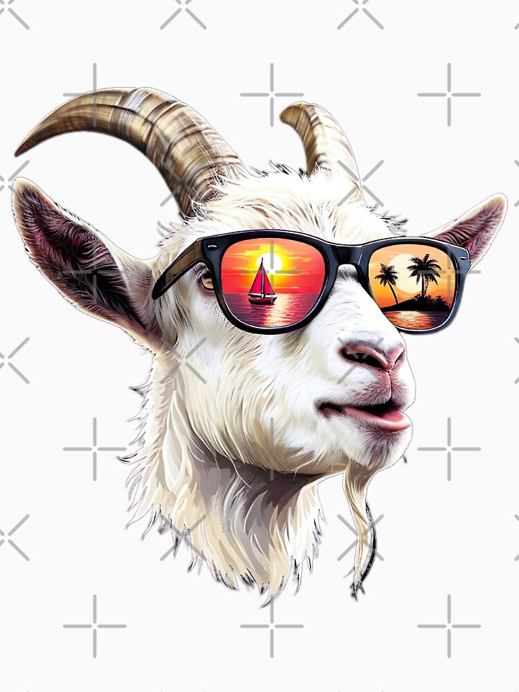 Cool Goat in Sunglasses – Tropical Sunset Vibes by Spill & Signal