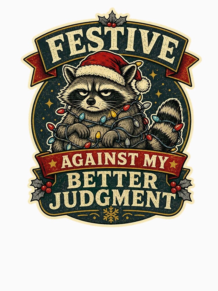 Festive Against My Better Judgment Christmas Raccoon by Peak Pop Studio.