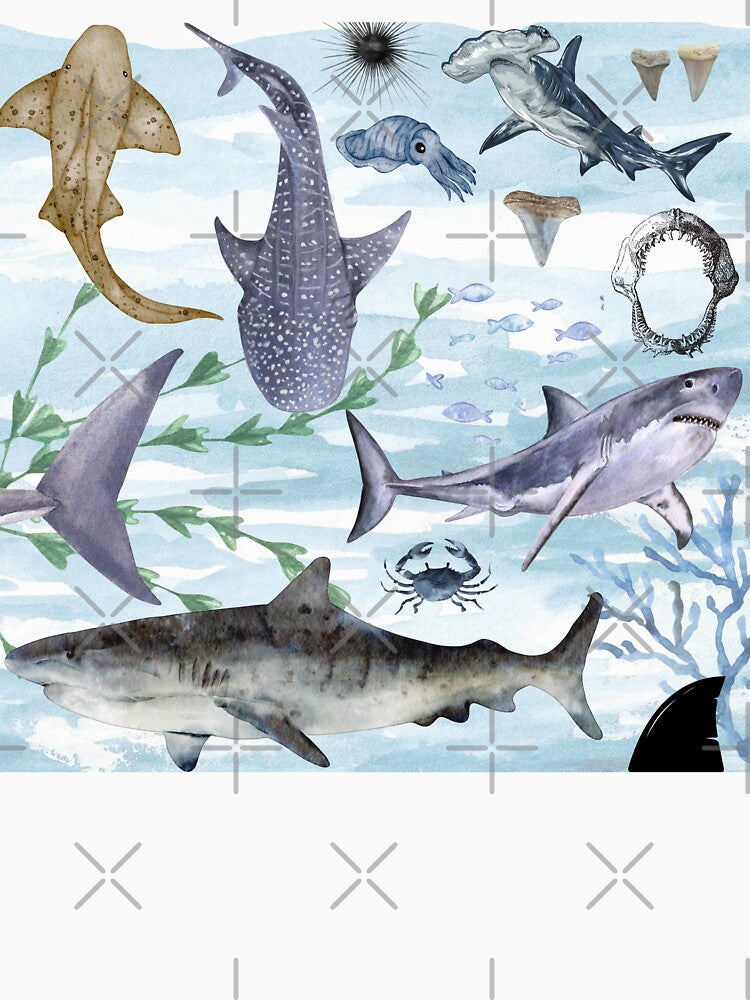 Watercolor Sharks & Sea Life – Ocean Marine Animal Illustration by printwithkacie