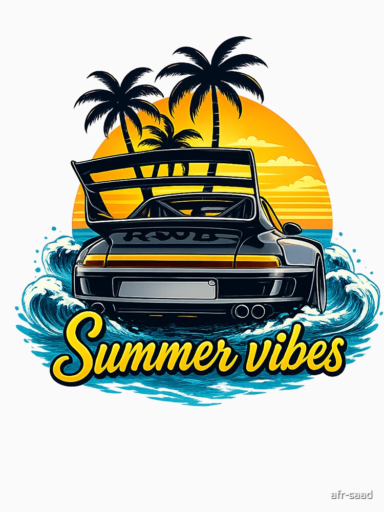 Summer Vibes Retro Car Sunset – Tropical Beach Waves Aesthetic T-Shirt Design by afr-saad