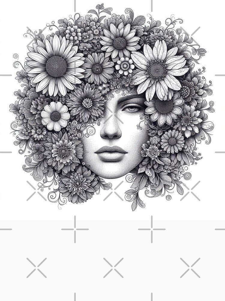 A drawing of a woman with black and white flowers by CTPhotographie