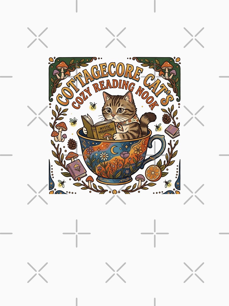 Cottagecore Cat Cozy Reading Nook - Book Lover Kitten in Teacup with Mushrooms & Fireflies by QUIRKFITs