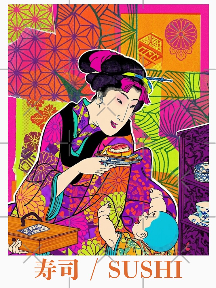 Sushi Ukiyo-e Art Vibrant Pink Pop by Tokyo-Edo Vibes
