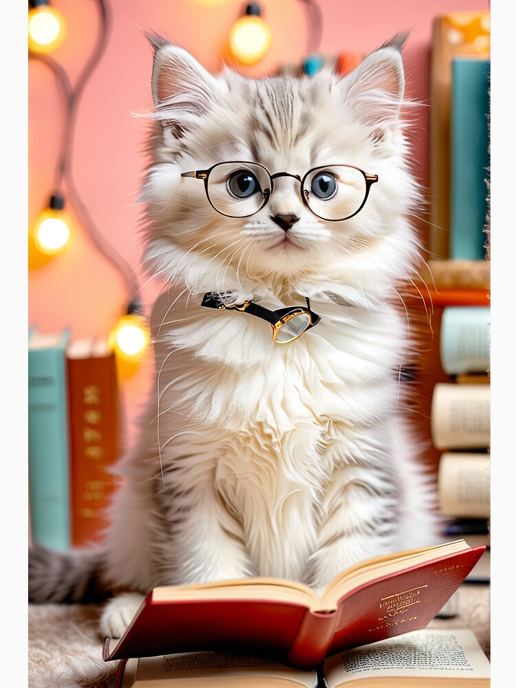 Elegant Fluffy Kitten Studying a Book – Charming Literary Cat Art Print by 4TinyPaws