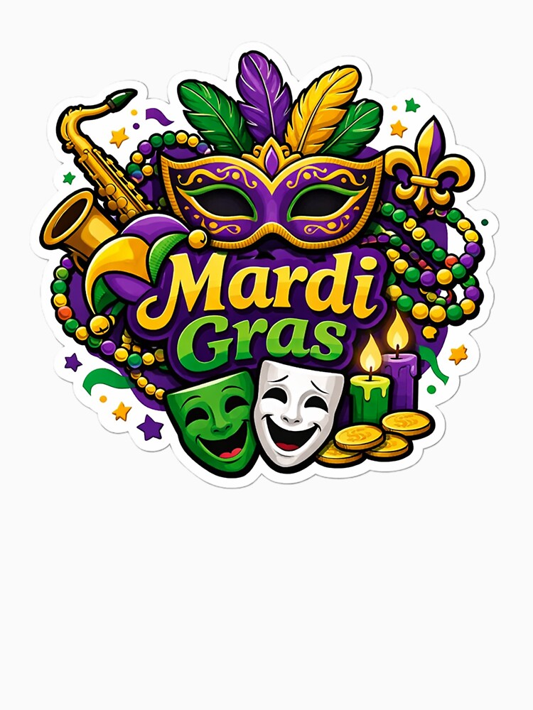 Mardi Gras Celebration Die-Cut Sticker - Mask, Beads & Festive Colors by RGP Smart