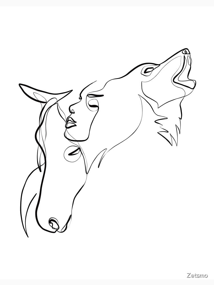 Continuous Line Horse, Wolf and Woman Drawing by Zetsmo