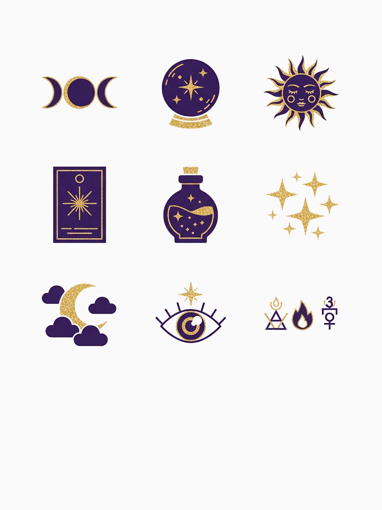 9 Celestial & Mystical Icons - Vol. 58 - Deep Purple & Champagne Gold Glitter - Moon Phases, Crystal Ball, Sun Face - Luxury Spiritual Art - Isolated PNG by Siamcatshop