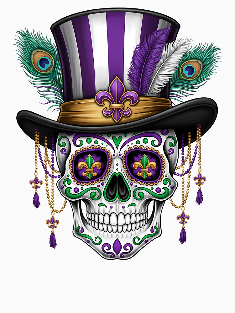Mardi Gras Sugar Skull with Top Hat Purple Gold Skull Art by BernoNickel
